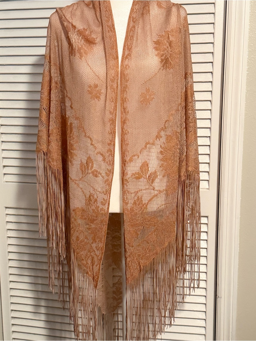Sheer Floral Fringe Shawl Wrap in Light Brown